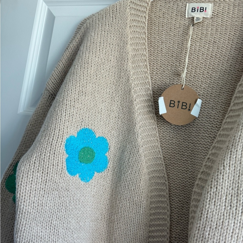 BiBi Groovy Flower Power Chunky Sweater Beige Kidcore Cardigan Hippie Boho - Picture 10 of 13